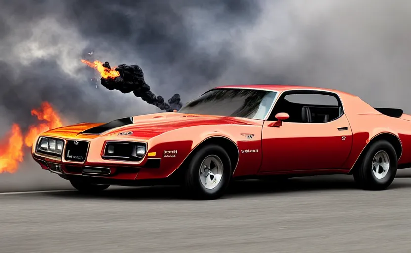 Image similar to a black 1 9 7 3 pontiac firebird trans am sd - 4 5 5 driving high speed, fire explosion in the background, action scen. realistic