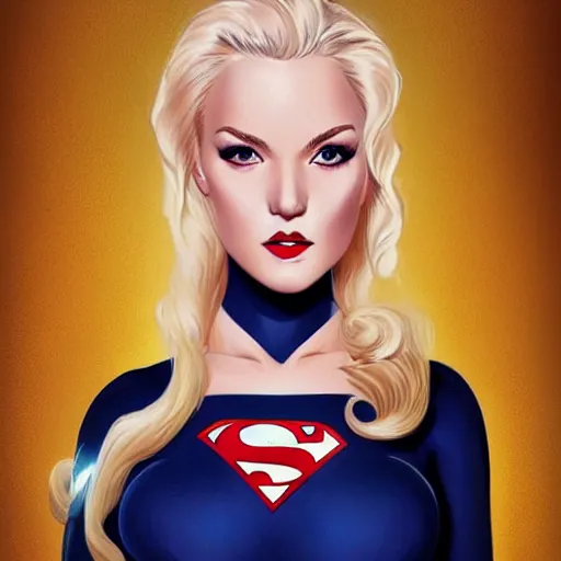 Image similar to a beautiful pin - up portrait of a beautiful cute superhero woman, blonde hair, matte navy - blue bodysuit, white cape, intricate, elegant, 8 k, highly detailed, digital painting, concept art, smooth, sharp focus, illustration, anime style