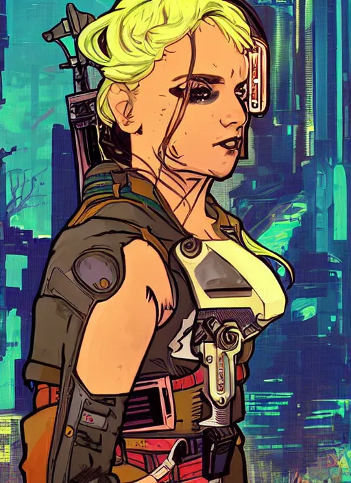 Prompt: maria. cyberpunk mercenary in scenic setting. portrait illustration, pop art, splash painting, art by ashley wood, alphonse mucha, laurie greasley and josan gonzales