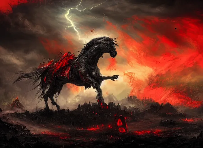 Image similar to a menacing knight in full plate of black armor, splattered with blood, riding a large black war horse, with red glowing eyes flowing red mane and tail, blackened clouds cover sky, crackling with lightning, a castle in distance burns, the ground is wet and cracked, d & d, fantasy, highly detailed, digital art, illustration,