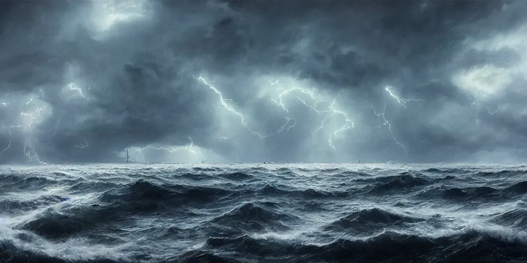 Image similar to A violent storm at sea, lit by lots of fork lightning, dark, foreboding and epic, film still, ultra wide angle, Greg Rutkowski and Studio Ghibli
