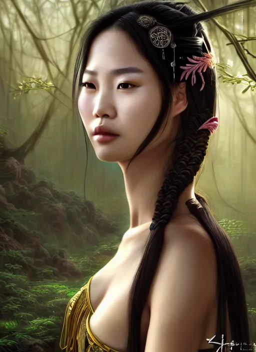 Prompt: portrait of extremely asian beautiful chinese princess, final fantasy, brown eyes, long braided black hair, fashion vogue, glowing cybernetic enhancements, photoshoot, photorealistic, lighting, mystical, dark vietnamese forest background, posing, close up, wlop, dan mumford, liam brazier, peter mohrbacher, octane render, cinematic, elegant, intricate details, 8 k