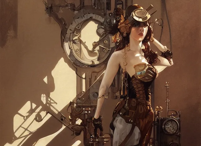 Image similar to woman model, steampunk!!! and modern, neutral colors, in a bathroom, backlit, elegant, highly detailed, digital painting, artstation, concept art, smooth, sharp focus, illustration, art by krenz cushart and artem demura and alphonse mucha