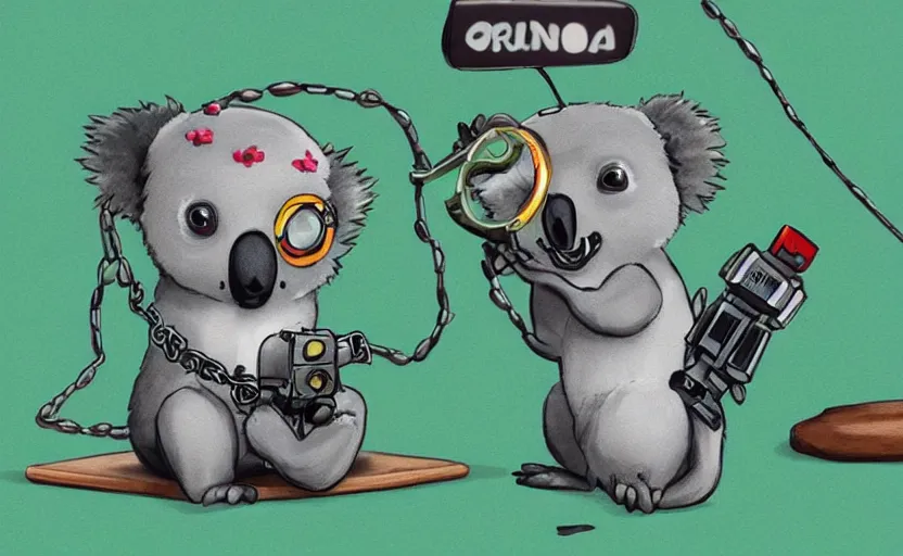 Image similar to “ cute koala with very big eyes, wearing a bandana and chain, holding a laser gun, standing on a desk, digital art, award winning ”