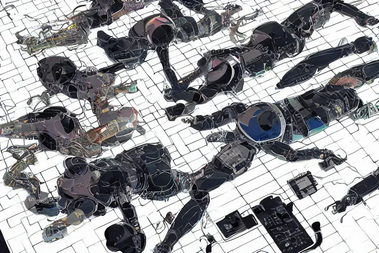 Image similar to a cyberpunk illustration of a group of female androids in style of masamune shirow, lying on an abstract, empty, white floor with their body parts scattered around in various poses and cables and wires coming out, by yukito kishiro and katsuhiro otomo, hyper-detailed, intricate, view from above