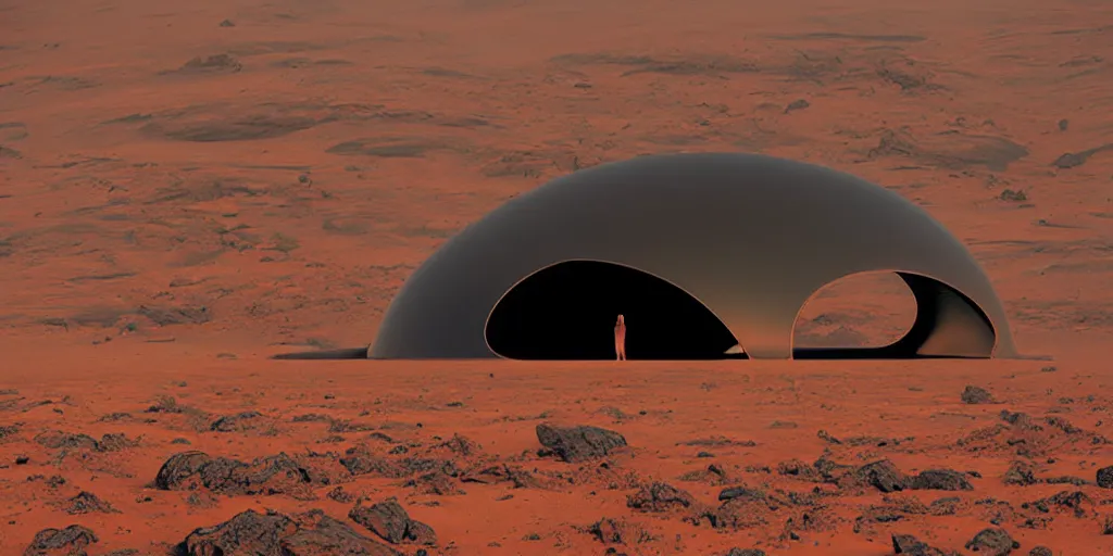Image similar to a strange huge transparent pvc inflated organic architecture building black matte by jonathan de pas sits in the planet mars landscape, golden hour, film still from the movie directed by denis villeneuve with art direction by zdzisław beksinski, close up, telephoto lens, shallow depth of field