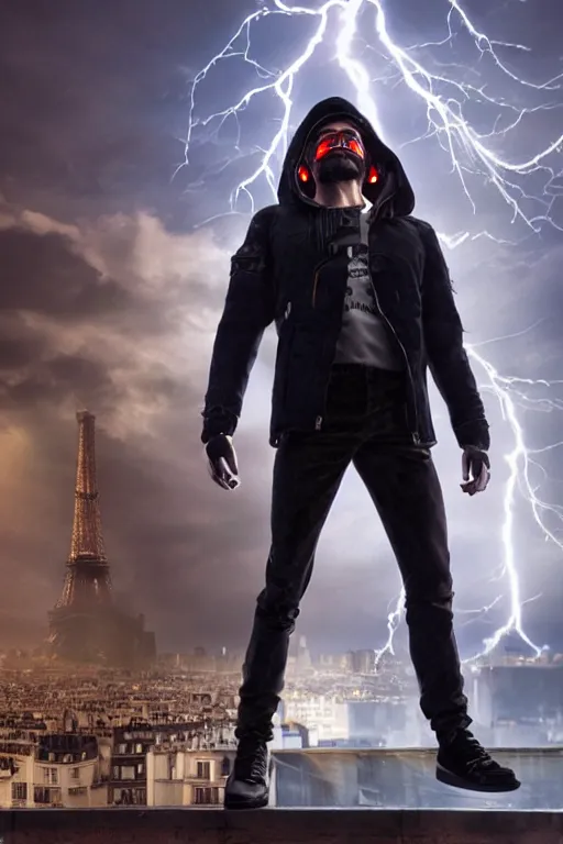 Image similar to man with lightning in his hands flying several meters above the ground with his arms crossed and with a long jacket, cyberpunk, in Paris,, realistic, high definition, many details, symmetrical face, realistic eyes, unreal engine art 5