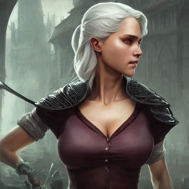 Prompt: cirilla wearing tight in chest shirt, half - opened shirt, ultra realistic, pretty face, extremely detailed face, anatomically correct, symmetrical, concept art, intricate details, highly detailed, photorealistic, octane render, 8 k, unreal engine. art by artgerm and greg rutkowski and alphonse mucha