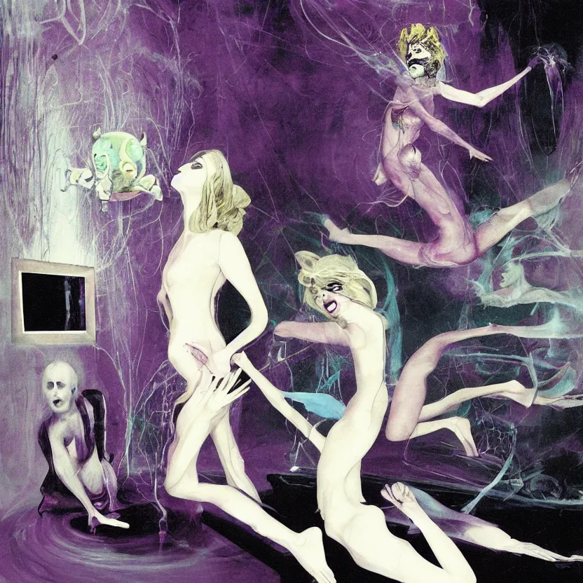 Image similar to Woman sirene start to bounce in a living room of a house, floating dark energy surrounds the middle of the room. There is one living room plant to the side of the room, surrounded by a background of dark cyber mystic alchemical transmutation heavenless realm, cover artwork by francis bacon and Jenny seville, midnight hour, part by adrian ghenie, part by jeffrey smith, part by josan gonzales, part by norman rockwell, part by phil hale, part by kim dorland, artstation, highly detailed