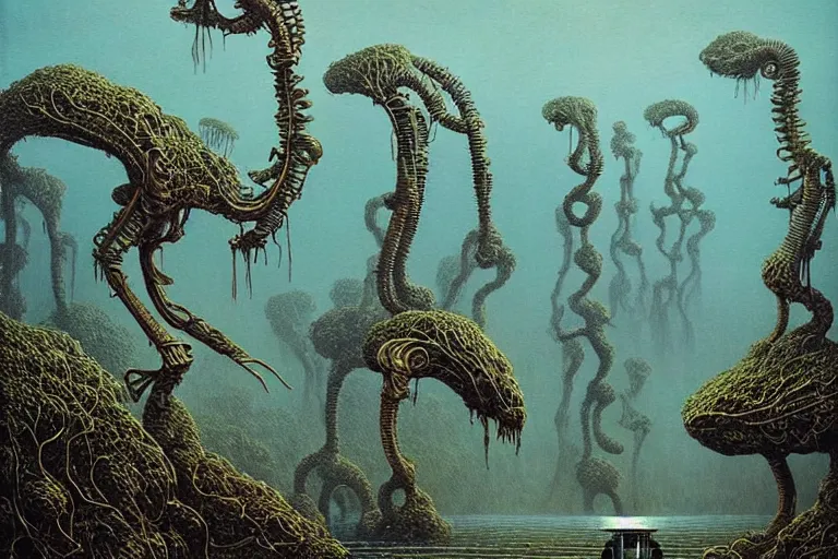 Prompt: a surreal and awe - inspiring science fiction landscape, alien plants and animals, intricate, elegant, highly detailed water colour painting by beksinski and simon stalenhag