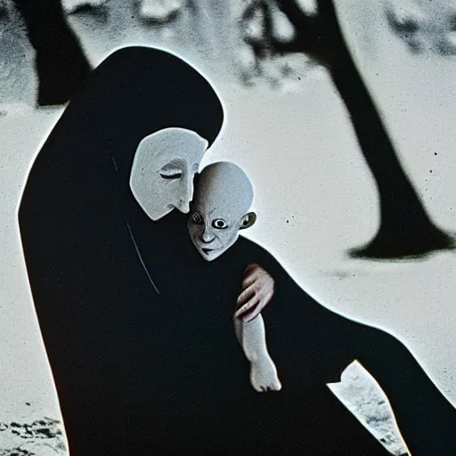 Image similar to portrait of nosferatu playing with his kid, realistic detailed photography, kodak 5 2 1 9 film, 5 0 mm lens