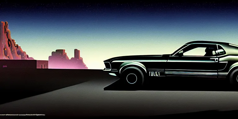 Prompt: a cinematic keyframe matte painting of a sleek 1 9 7 0 s vaporwave concept vehicle retro - futurism sci - fi ford mustang fast back knight rider blacked out car in an open garage in the american southwest, view from the street. in the moonlight. cactus. by eric lafforgue, glennray tutor and edward hopper, greg rutkowski. trending on artstation.