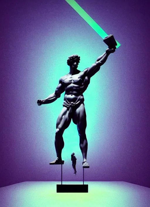 Prompt: statue of hercules, beeple, vaporwave, retrowave, abstract geometric neon shapes, black background, glitch, pixel sorting, strong contrast, pinterest, trending on artstation