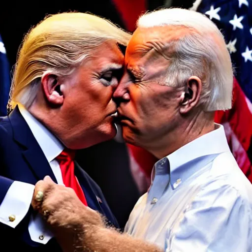 Prompt: Donald Trump kissing Joe Biden, photograph