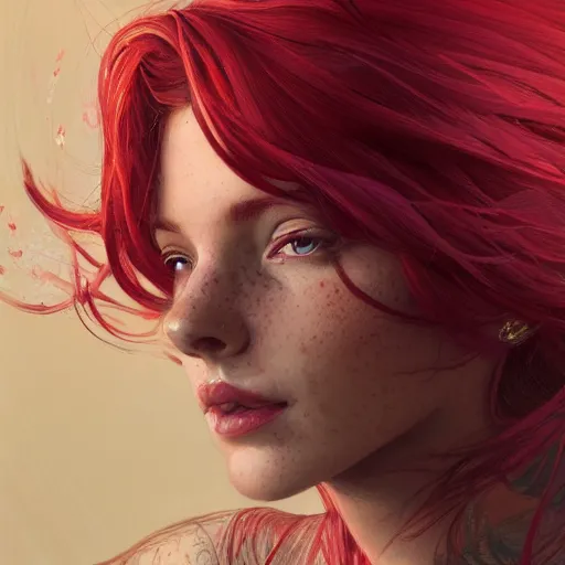 Prompt: close up portrait of a beautiful girl with red hair and freckles, intricate, elegant. highly detailed, digital painting, artstation, concept art, smooth, sharp, focus, illustration. background is purple, art by artgerm and greg rutkowski and alphonse mucha,