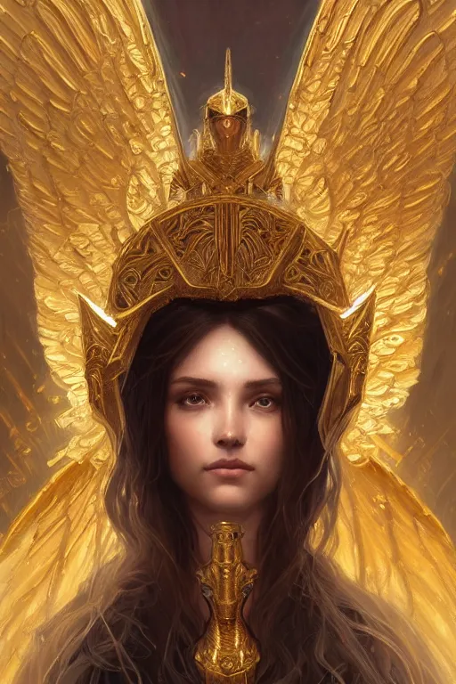 Prompt: portrait of a young beautiful Saint Celestine, intricate golden armor with angel wings, Warhammer-inspired, fantasy, intricate, beautiful eyes, realistic, cinematic lighting, highly detailed, digital painting, Artstation, concept art, smooth, sharp focus, illustration, art by Artgerm and Greg Rutkowski and Alphonse Mucha