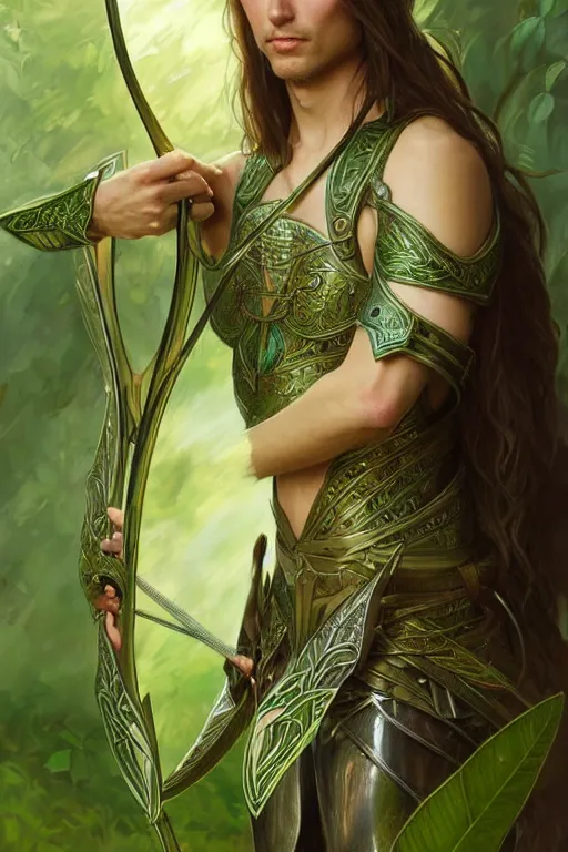 Image similar to male elven Archer armor made of green leaves, fantasy, amber eyes, face, long hair, intricate, elegant, highly detailed, digital painting, artstation, concept art, smooth, sharp focus, illustration, art by artgerm and greg rutkowski and alphonse mucha