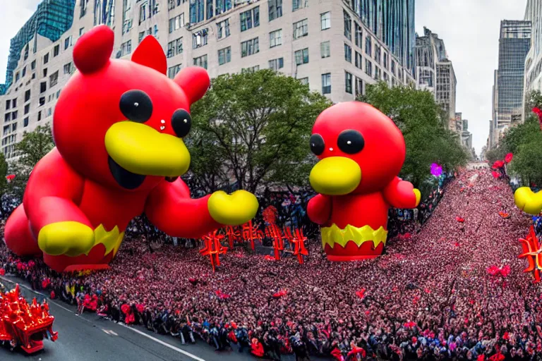 Image similar to photo of giant cute elaborate parade with float characters designed by ( ( ( ( ( ( ( ( death metal bands ) ) ) ) ) ) ) ) and gwar and heavy metal!!!!!!!!!!!!!!, in the macys parade, detailed 4 k photo,