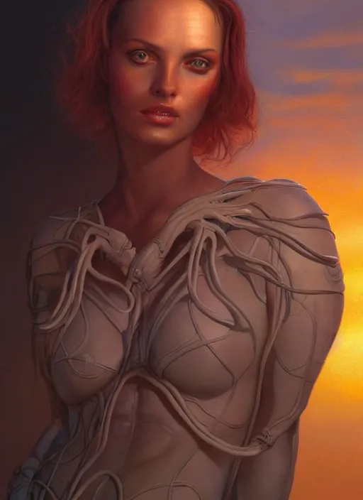 Image similar to biblical beautiful female android, glowing veins, in clouds, sunset, portrait, by gerald brom, by peter elson, muted colors, extreme detail, reflections, trending on artstation, 8 k