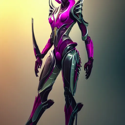 Image similar to ant pov from the floor, looking up, at a highly detailed, exquisite and beautiful giant female warframe, standing elegantly, shining reflective off-white plated armor, slick elegant design, bright Fuchsia skin, sharp claws, close full body shot, epic cinematic shot, realistic, professional digital art, high end digital art, DeviantArt, artstation, Furaffinity, 8k HD render, epic lighting, depth of field