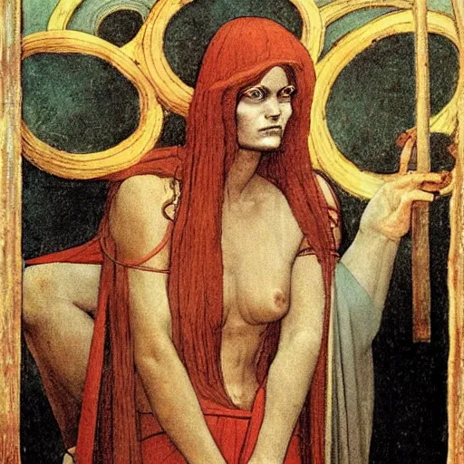 Image similar to half - length portrait of beautiful witch circe in the odyssey, art by moebius, giotto, leonardo da vinci