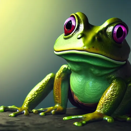 Image similar to an anthropomorphic frog living in an extradimensional reality where it is a god, in the style of wlop, illustration, epic, fantasy, hyper detailed, smooth, unreal engine, sharp focus, ray tracing, physically based rendering, renderman, beautiful