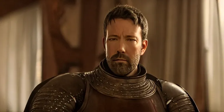 Prompt: still frame from a movie, close up of a relaxed ben affleck in a 15th century knight suit, centerframe, medieval background, rule of third, alexa 65, cooke prime 25mm, cinematic, film grain, flare
