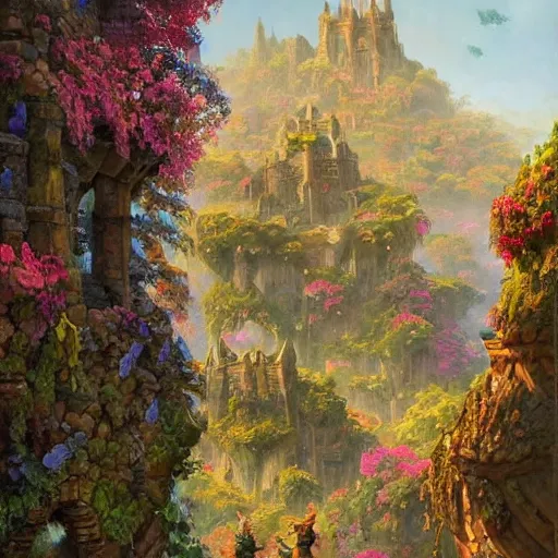 Image similar to forgotten stone city on a hill that rises up from the plain. the stone is carved into intricate patterns: spirals and flowers, vines and knots. towers high above, archways, strange trees and flowers. a beautiful and vivid and colorful andreas rocha and peter mohrbacher impasto!! acrylic painting