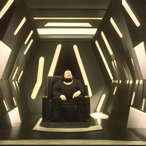 Prompt: chunky orson welles sitting on a dark throne, in an alien room by hans giger, movie by denis villeneuve, lubezki, gaspar noe and alejandro jodorowsky, anamorphic lens, anamorphic lens flares, kodakchrome, cinematic composition, practical effects, award winning photo, 8 k