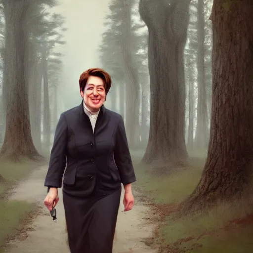 Image similar to close - up shot of supreme court justice elena kagan going for a walk in the woods, digital art by ruan jia and mandy jurgens and artgerm, highly detailed, trending on artstation, award winning