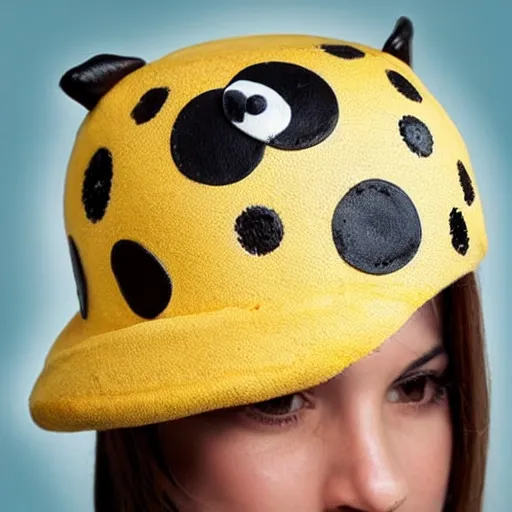 Image similar to cheese head hat fashion with cows popping out of the holes very detailed, hyper realistic