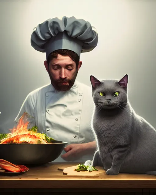 Image similar to highly detailed surreal vfx portrait of a grey cat with chefs hat on cooking a meal, stephen bliss, unreal engine, greg rutkowski, loish, rhads, beeple, makoto shinkai and lois van baarle, ilya kuvshinov, rossdraws, tom bagshaw, alphonse mucha, global illumination, detailed and intricate environment