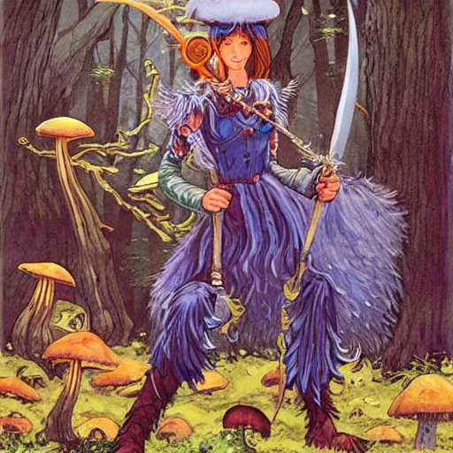 Prompt: moonshine cybin, buxom epic level dnd wood elf spore druidess, wielding a magical sword, wearing magical overalls. covered in various fungi. full character concept art, realistic, high detail digital painting by angus mcbride and michael whelan and michael william kaluta.