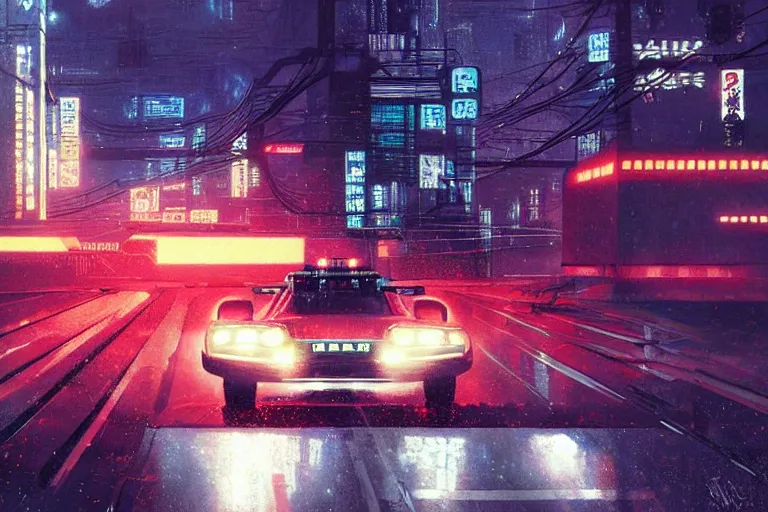 Image similar to akira cyberpunk autozam az - 1 police car with lights flashing speeding down highway at high speed at night by greg rutkowski makoto shinkai takashi takeuchi studio ghibli, akihiko yoshida