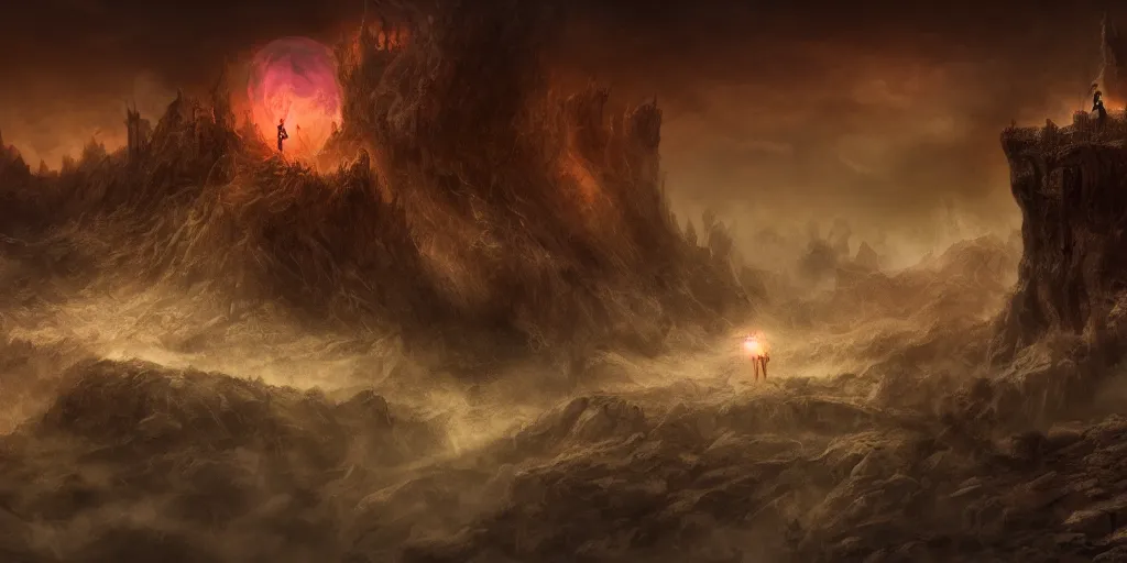 Image similar to old mage falling into a pit of demons, barren landscape, distant castle, dramatic moonlight, apocalyptic fantasy, mmo, digital art, 4 k