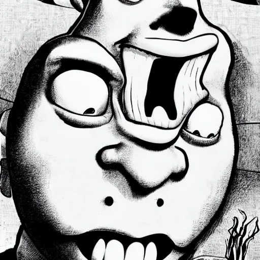 Image similar to shrek in style of junji ito