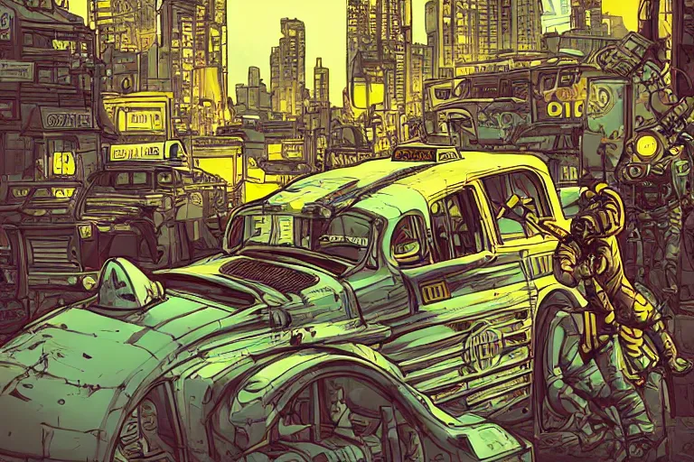 Image similar to cell shaded!! Taxi cab as Borderlands 3 concept art, llustration, concept art by Laurie Greasley, highly detailed, sharp focus,alien, HQ, 4K ,art by Laurie Greasley