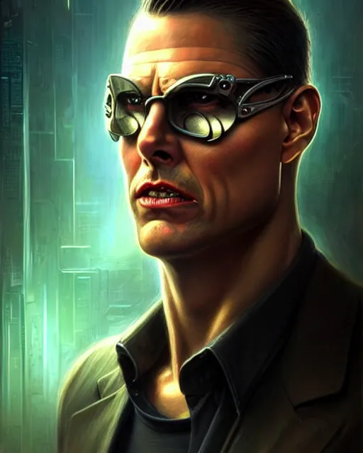 Image similar to front shot of a tom cruise cyberpunk criminal mastermind character, intricate, elegant, highly detailed, centered, (((artstation, concept art, smooth, sharp focus, artgerm, Tomasz Alen Kopera, Peter Mohrbacher, donato giancola, Joseph Christian Leyendecker, WLOP, Boris Vallejo))), mugshot!!!!!, ugly!!!!!!, octane render, nvidia raytracing demo, grainy, muted