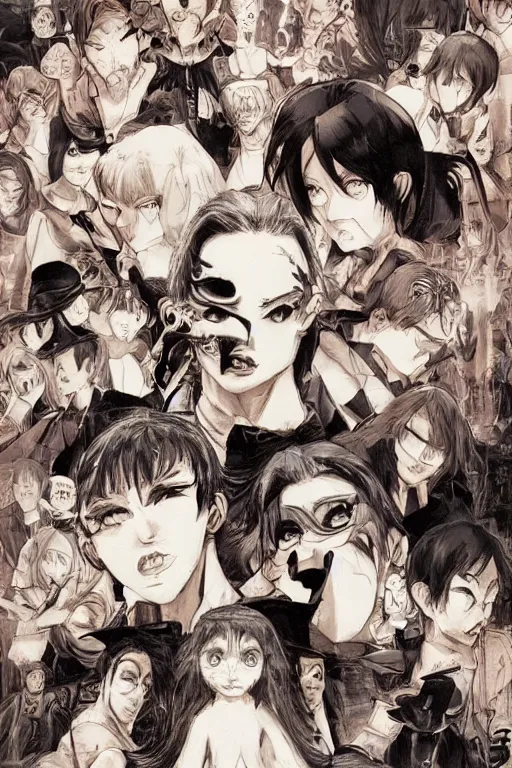 Image similar to spooky and creepypasta halloween night, symmetrical face, anime style, scenery wallpaper aesthetic, cinematic, dramatic, super detailed and intricate, hyper realistic, 4 k render, by artgerm, by kyoung hwan kim, by ralph mcquarrie, by yoshiyuki tomino