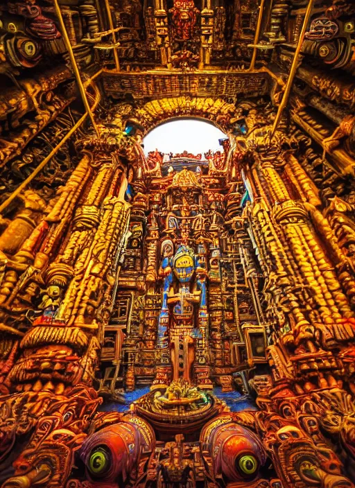 Image similar to breathtakingly beautiful ultrawide angle colour masterpiece weird dream, low angle view from inside a hindu temple, strange beautiful cybertronic temple, cables and tubes, eyes, incredible sense of depth and perspective and clarity, hyperrealism, realistic, symmetry symmetrical, 8 k