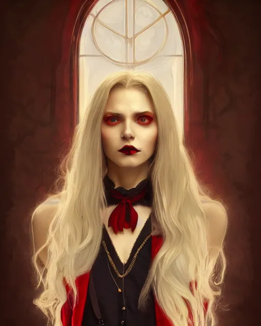 Image similar to female vampire, perfect face, gold waistcoat, red shirt, long grey hair, red necktie, cinematic, stunning, highly detailed, digital painting, artstation, smooth, hard focus, illustration, art by artgerm and greg rutkowski and alphonse mucha