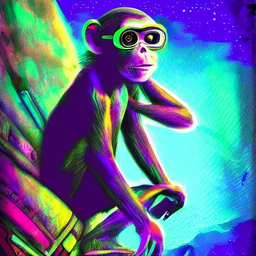 Image similar to cyberpunk excited young monkey underwater, sparkly, colorful, cyberpunk digital painting