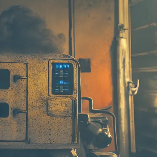 Image similar to head of toaster oven mecha, dark messy smoke - filled cluttered workshop, dark, dramatic lighting, orange tint, cinematic, highly detailed, sci - fi, futuristic, movie still