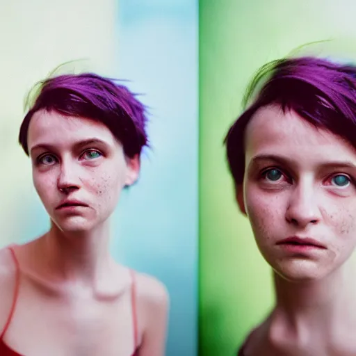 Image similar to cottagecore cyberpunk portrait photograph of a cute young woman, short hair, naturist, natural, tank top, Cinestill 800T