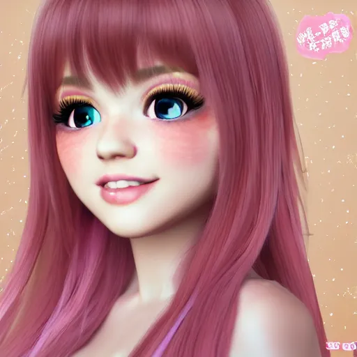 Image similar to Render of Nikki from Shining Nikki Dress-Up Game, a cute 3D young woman, long light pink hair, full bangs, full round face, hazel amber eyes, pale skin, cute freckles, light blush, Chinese heritage, smiling softly, wearing casual clothing, interior lighting, cozy living room background, medium shot, mid-shot, hyperdetailed, trending on Artstation, Unreal Engine 4k