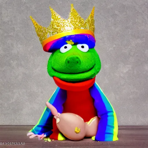 Image similar to rainbow pig wearing a gold crown as a Muppet 8k