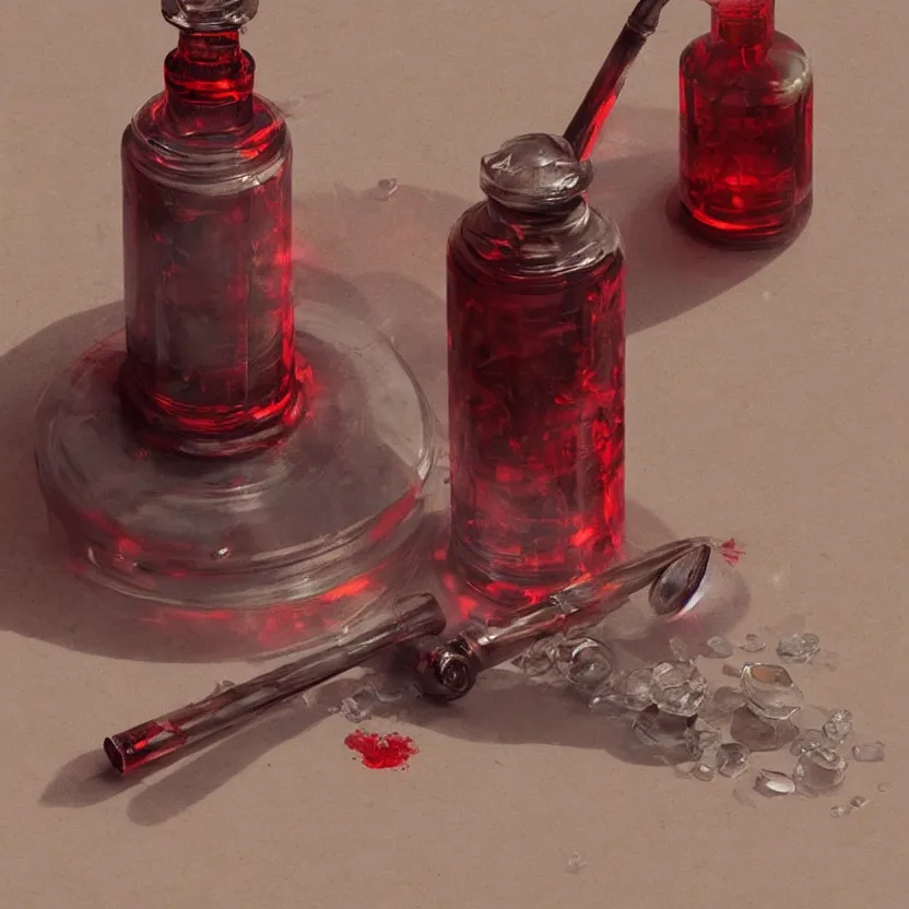 Prompt: a beautiful painting illustration of a health potion, scratched vial, crimson, by greg rutkowski, featured on artstation, rpg item