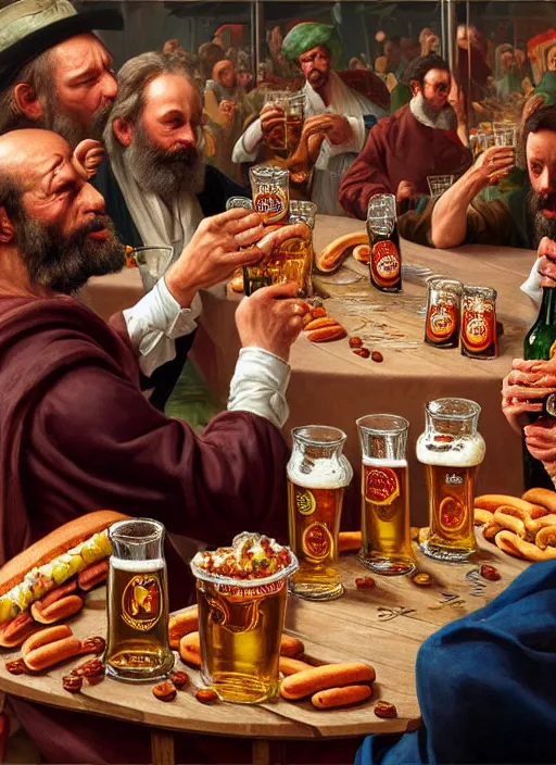 Prompt: large computer table octoberfest invite card, man drinking beer, angry, beer glasses, hot dogs surrounded by more hot dogs, photoshoot, 4 k, hyper realistic, natural, highly detailed, digital illustration, trending in artstation, classical painting, smooth, sharp focus art by ilya repin