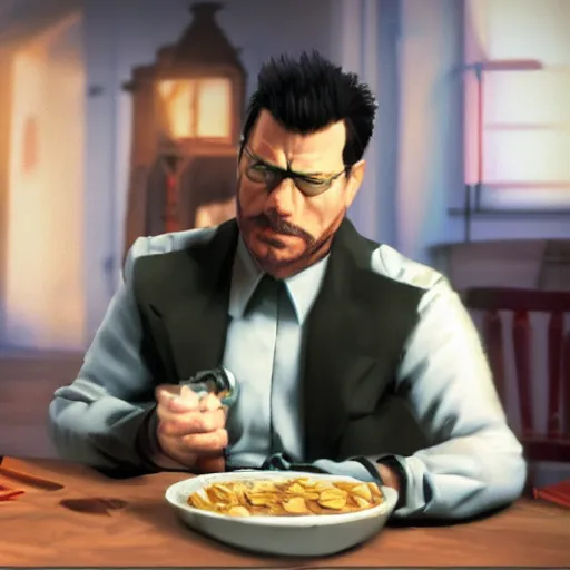 Image similar to jc denton from deus ex eats cereal at a table near liberty island, high quality, photorealistic, highly detailed, 4 k, hd