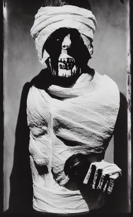 Prompt: kodak portra 4 0 0, wetplate, narrow shot, award - winning black and white portrait by britt marling of boris karloff as the mummy monster wrapped in bandages taking a selfie universal horror movie,